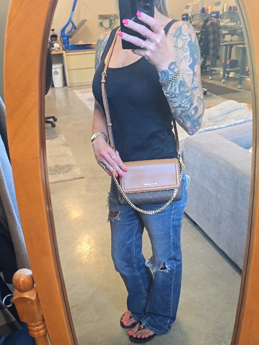 MICHAEL KORS Tan and Brown Logo-Print Chain Crossbody Bag - Picture 9 of 9